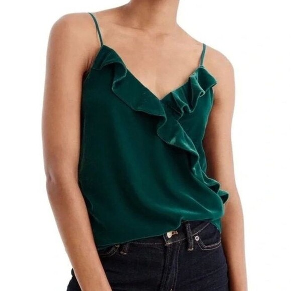J CREW Tank Top Sz 2 Petite Dark Green Velvet Ruffle Cami Holiday Party Special - Picture 1 of 12